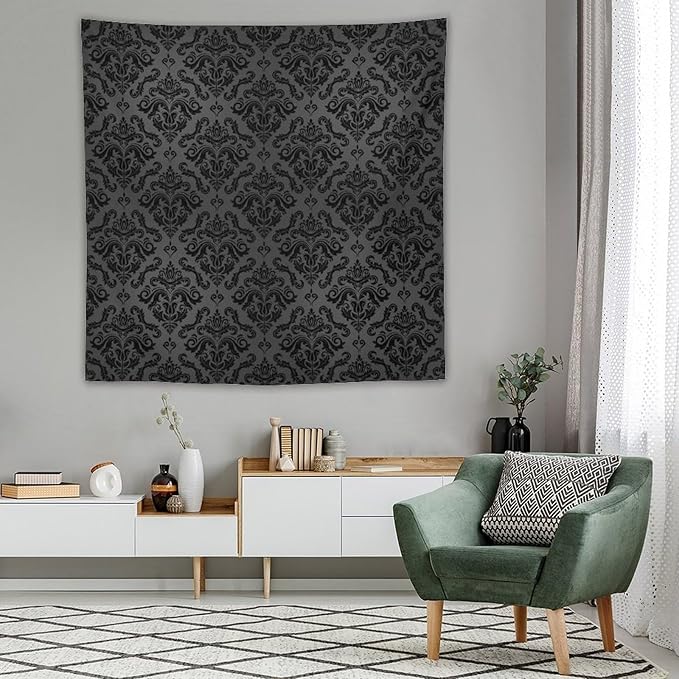ZhiRain Black Damask Floral Tapestry Wall Hanging Vintage Classic Flower Pattern Printed Tapestries Home Decor for Living Room Bedroom Farmhouse Apartment Dorm 60"x60"