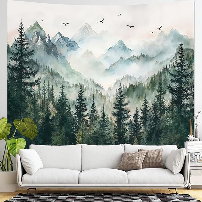 Zussun Misty Forest Mountain Tapestry Sage Green Nature Pine Tree Tapestry for Bedroom Aesthetic Watercolor Foggy Woodlands Birds Landscape Tapestries Wall Hanging for Living Room Dorm 90 x 68 Inch