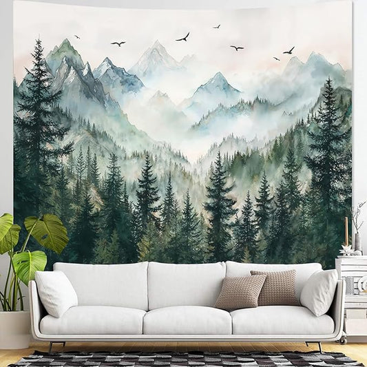 Zussun Misty Forest Mountain Tapestry Sage Green Nature Pine Tree Tapestry for Bedroom Aesthetic Watercolor Foggy Woodlands Birds Landscape Tapestries Wall Hanging for Living Room Dorm 90 x 68 Inch