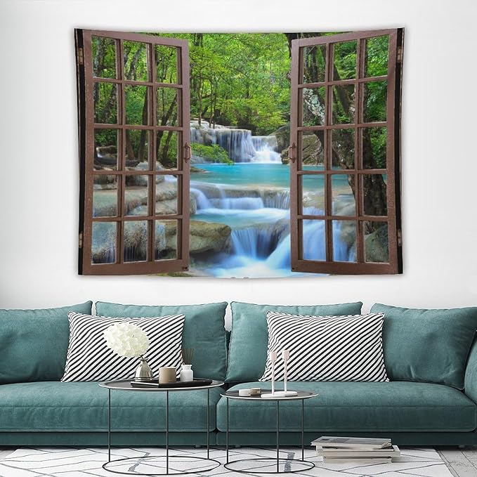 ZhiRain Waterfall Tree Landscape Tapestry Wall Hanging Natural Scenery Forest Garden Spring Stone River Tapestries Home Decor for Living Room Bedroom Apartment Farmhouse Dorm 60"x80"