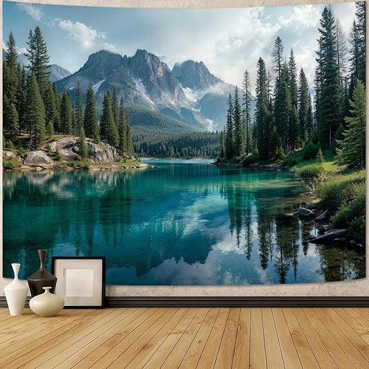 Zussun Nature Forest Mountain Tapestry Green Emerald Lake Pine Tree Tapestry for Bedroom Aesthetic Snowy Peaks Landscape Large Tapestries Wall Hanging for Dorm Living Room Decor 80 x 60 Inch