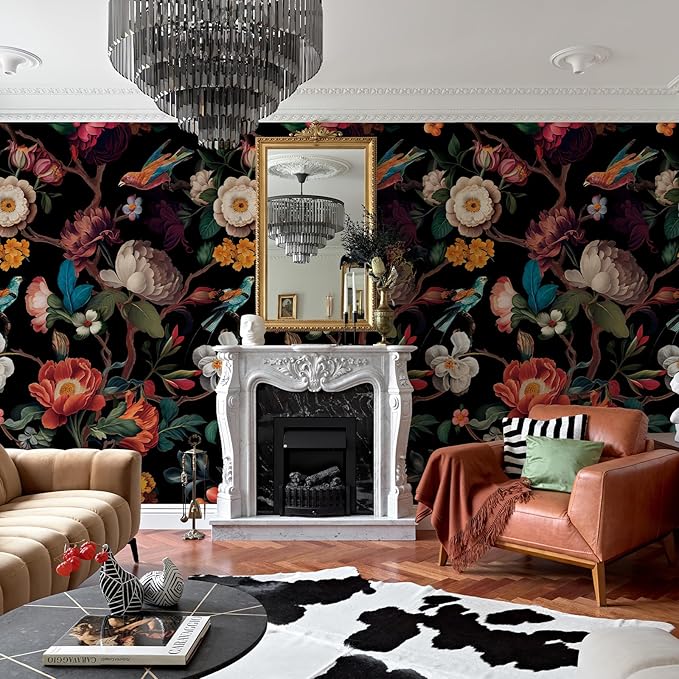 Zeeko Floral Peel and Stick Wall Mural Black Flower Wallpaper for Bedroom TV Background Vintage Wallpaper Large Floral Wall Murals Art Deco 148" W x 98" H