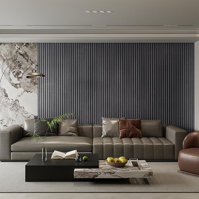 YLL YLL 6-Pack Slat Wall Panel with 2 Trims Wood Grain Slat Wall 96" x 6.2" WPC Slats 3D Wall Panels Grey Grille