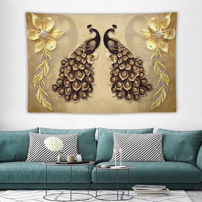 ZhiRain Gold Peacock Tapestry Wall Hanging Vintage Bird Rustic Animal Elegant Flower Luxury Tapestries Home Decor for Living Room Bedroom Farmhouse Apartment Dorm 40"x60"