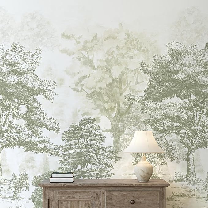 Zeeko Vintage Forest Wall Mural Peel and Stick 144" W x 100" H Canvas Waterproof Tree Self-Adhesive Wallpaper Large Nature Landscape Art Deco for Bedroom