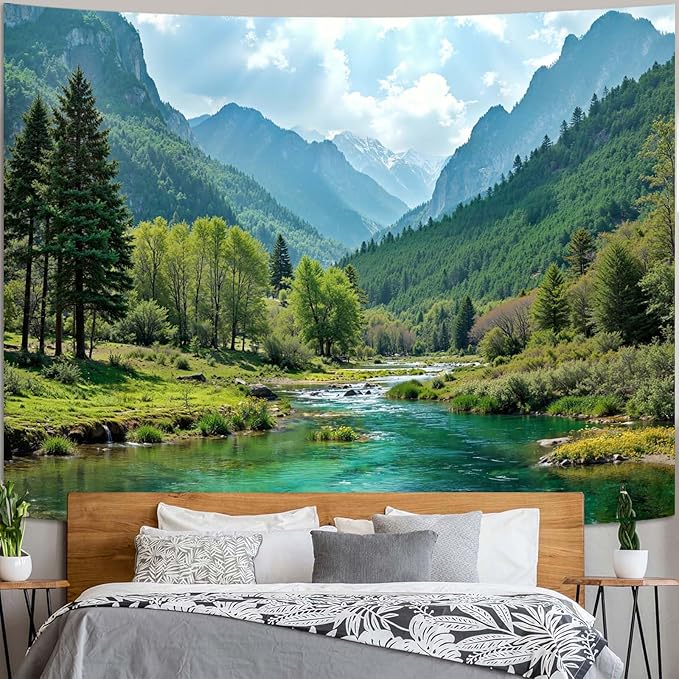 Zussun Nature Mountain Forest Tapestry Sage Green Tree Stream Wall Tapestry for Bedroom Aesthetic Lush Woodland Landscape Small Tapestries Wall Hanging for Dorm Living Room Decor 48 x 36 Inch