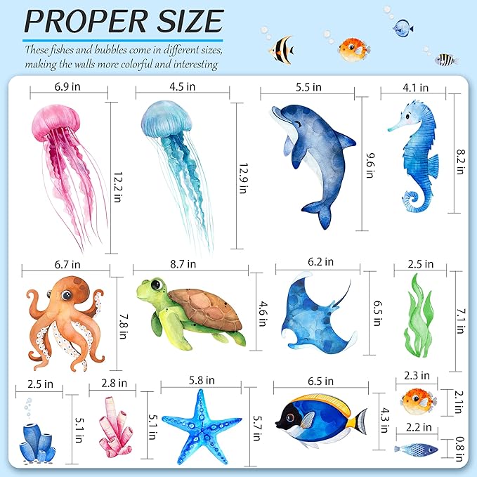 4 Sheets Ocean Fish Wall Decals Stickers Sea Wall Decal Stickers Removable Sea Life Marine Animal Sticker Underwater Ocean Creatures Decor for Kids Girls Boy Nursery Bedroom Bathroom