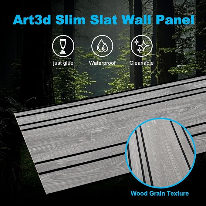 Art3d 4-Pack Glue-On Wall Panels, Wood Grain Texture Interior Wall Decor, 104"x12" Recycled Polystyrene Wainscoting Panels, Low Emission for Living Room Bedroom, Grey Oak