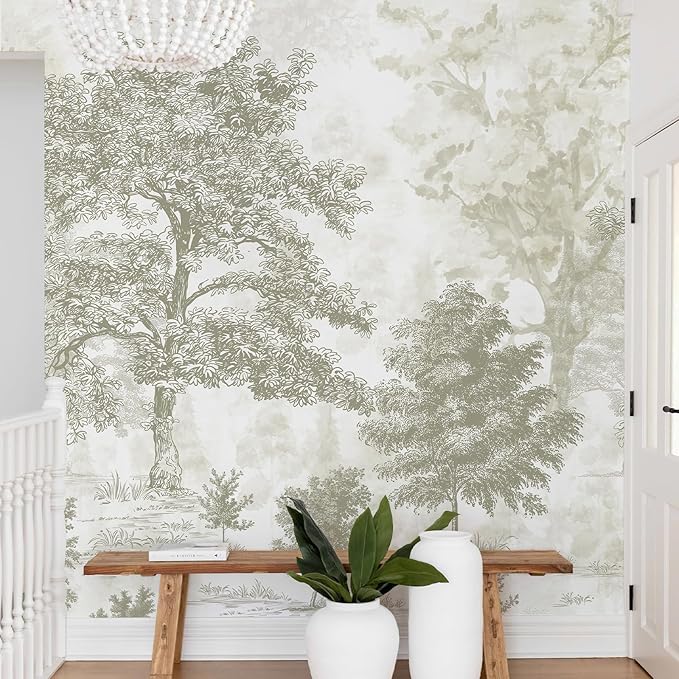 Zeeko Vintage Forest Wall Mural Peel and Stick 88.5" W x 110" H Beige Tree Wallpaper Self-Adhesive Large Nature Landscapes Murals Canvas Wall Decor for Bedroom Bathroom