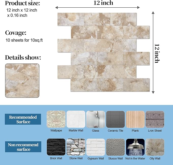 20-Pack Peel and Stick Tile Backsplash 12"X12" PVC Wall Tiles, Stick on Backsplash for Kitchen, Bathroom Tile, Fireplace Décor, Laundry Table, Stair Decals in Ecru Stone