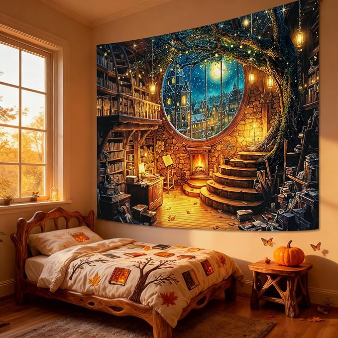 Yeoiat Tapestry Magical Winter Library Tapestries Round Window Wall Hanging Snowy Village Cottagecore Decor Bedroom Dormitory 60"x44"