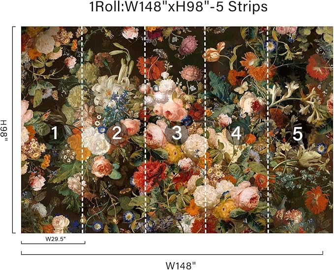 Zeeko Dark Floral Wallpaper Peel and Stick 148" W x 98" H Waterproof Canvas Fabric Vintage Moody Large Wall Mural Self Adhesive Removable Wall Paper for Bedroom Living Room Art Deco