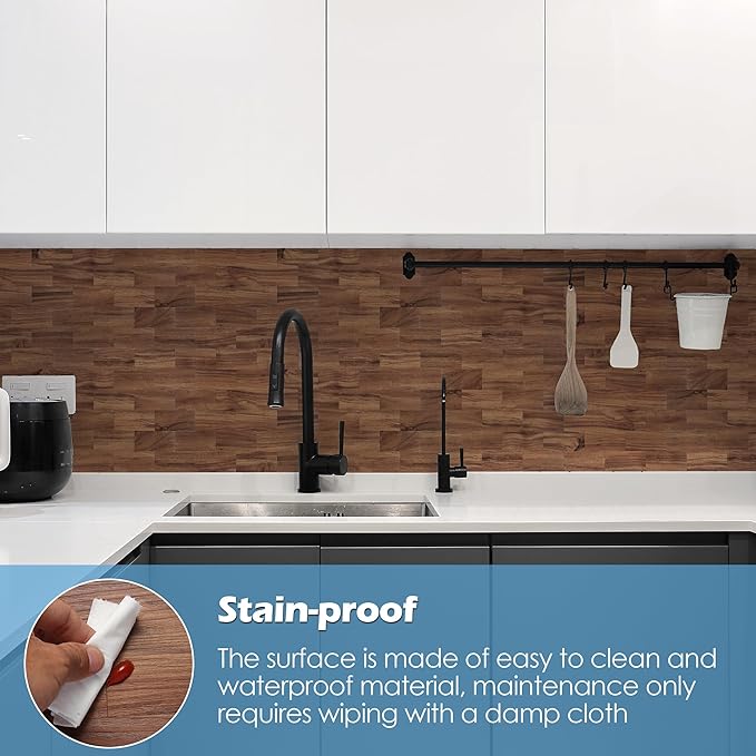 5-Pack Peel and Stick Tile Backsplash 12"X12" PVC Wall Tiles, Stick on Backsplash for Kitchen, Bathroom Tile, Fireplace Décor, Laundry Table, Stair Decals in Brown Woodgrain