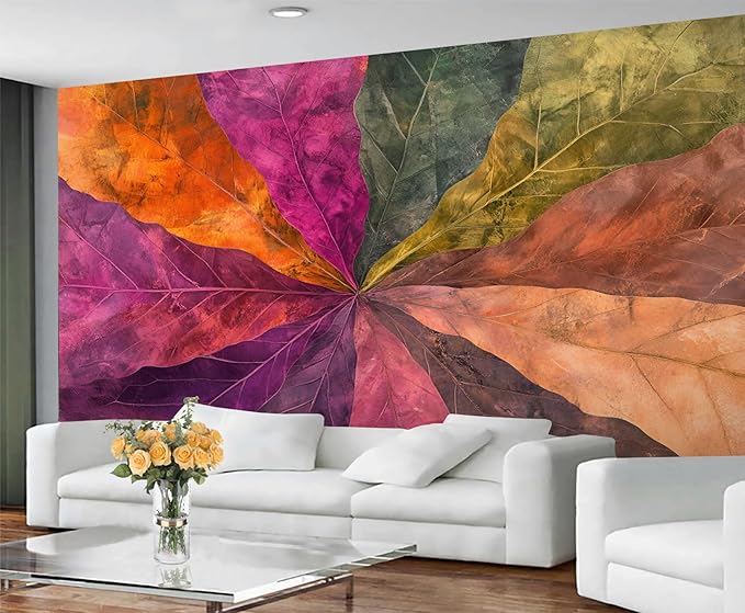Abstract Colorful Gradient Leaves Wall Mural, Marble Texture Mural Wallpaper, Nordic Creative Art Large Wallpaper for Bedroom Living Room Dining Room Wall Decor 138" W x 100" H