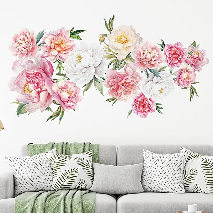 Zonon 6 Pcs Flowers Wall Decals Stickers Vinyl Removable Peel and Stick Colorful Dragonflies Floral Wall Murals Decor for Bedroom Living Room Nursery(Colorful Peony)