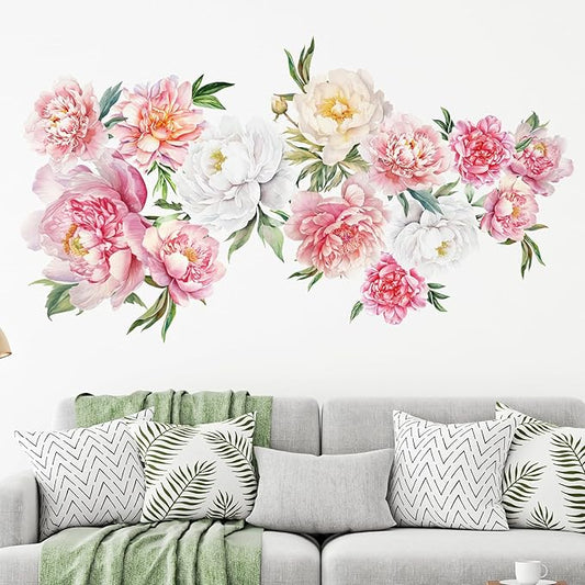 Zonon 6 Pcs Flowers Wall Decals Stickers Vinyl Removable Peel and Stick Colorful Dragonflies Floral Wall Murals Decor for Bedroom Living Room Nursery(Colorful Peony)