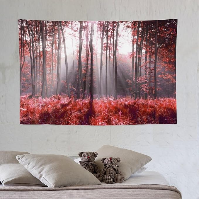 ZhiRain Red Forest Tapestry Wall Hanging Season Foggy Nature And Enchanted Woods Wild Trees Print Tapestries Home Decor for Living Room Bedroom Apartment Farmhouse Dorm 40"x60"