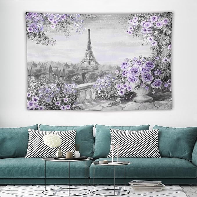 ZhiRain Vintage Paris Tapestry Wall Hanging Eiffel Tower Purple Rose Flower Spring Cityscape Gray Tapestries Home Decor for Living Room Bedroom Apartment Farmhouse Dorm 40"x60"