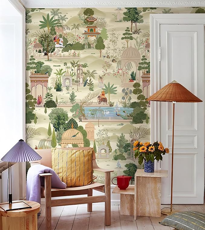 Zeeko Exotic Tropical Green Wall Mural Peel and Stick 59" W x 98" H Botanical Indian Garden Canvas Waterproof Self-Adhesive Removable Wallpaper for Hallway Large Art Wall Decor