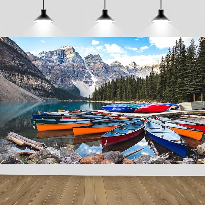 ZHXYMMS Mountain Lake Backdrop Banff National Park Lake Forest Scenery Photography Background Canadian Rockies Pine Trees Lakeside Canoe Outdoor Decorations Banner Photo Booth Studio Props 9x6ft