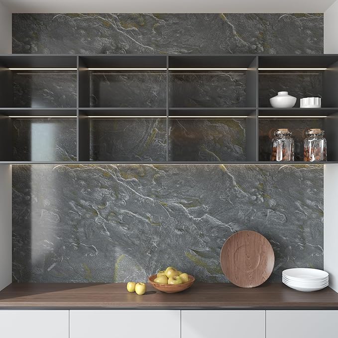 32"x354" Glossy Granite Wallpaper Peel and Stick Countertops Contact Paper Waterproof Removable Grey Gold Wall Paper for Cabinets and Drawers Self Adhesive Marble Vinyl Wallpaper for Kitchen Bathroom