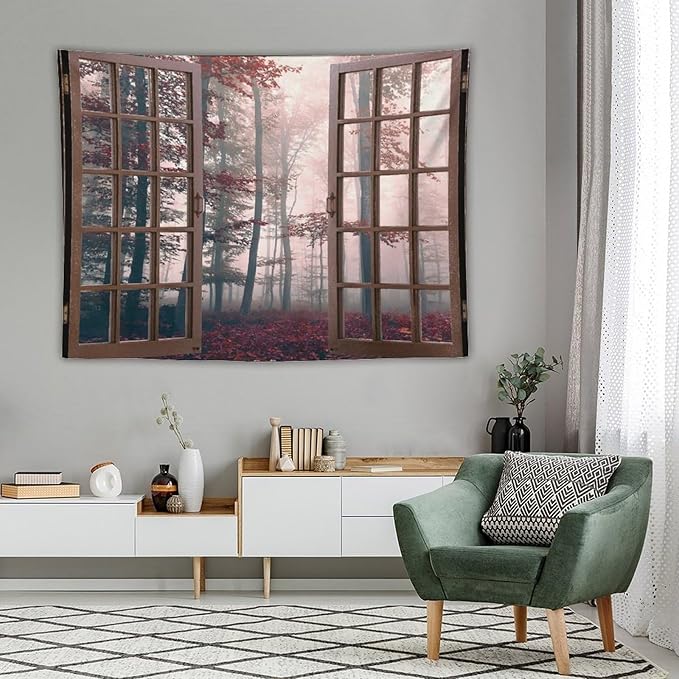 ZhiRain Nature Forest Tapestry Wall Hanging Autumn Mystic Foggy Fall Enchanted Woods Wild Trees Print Tapestries Home Decor for Living Room Bedroom Apartment Farmhouse Dorm 60"x80"