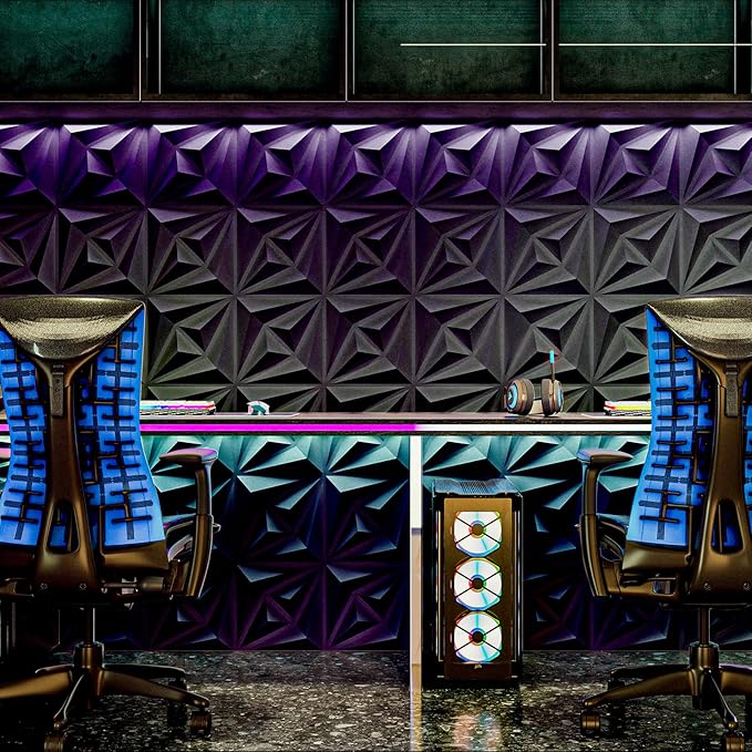 AMZDEPOT 3D Wall Panels for Interior Wall Decor, 3 Layout Options PVC Textured Wall Art Decor for Living Room Bedroom TV Background Gaming Room, 12''x12'', 20 Pcs Black