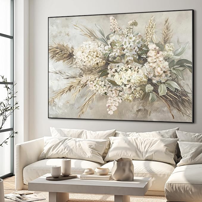 46"x60" XL Framed Wall Art - Elegant Whimsical White Flower Bouquet (Frame Assembly Required)