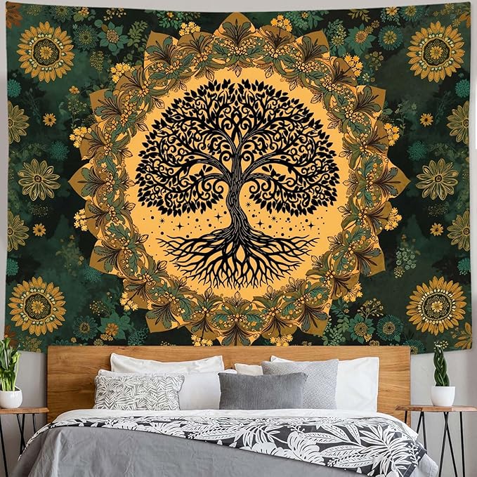 Zussun Tree of Life Tapestry Vintage Boho Mandala Tapestries for Bedroom Aesthetic Retro Bohemian Green Yellow Plant Floral Flowers Leaves Tapestry Wall Hanging for Dorm Living Room 90 x 68 Inch
