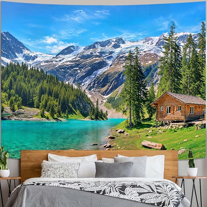 Zussun Nature Mountain Forest Tapestry Green Pine Tree Stream Wall Tapestry for Bedroom Aesthetic Wooden Cabin Snowy Landscape Large Tapestries Wall Hanging for Dorm Living Room Decor 80 x 60 Inch