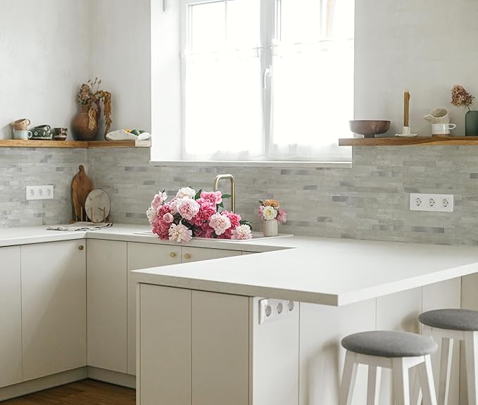 Yipscazo 40 Sheets Peel and Stick Stone Metal Backsplash, PVC Wall Tiles Stick on Tiles for Backsplash Kitchen, Bathroom, Laundry Room, Camper, Fireplace (6'' X 12'', Gray Beige)