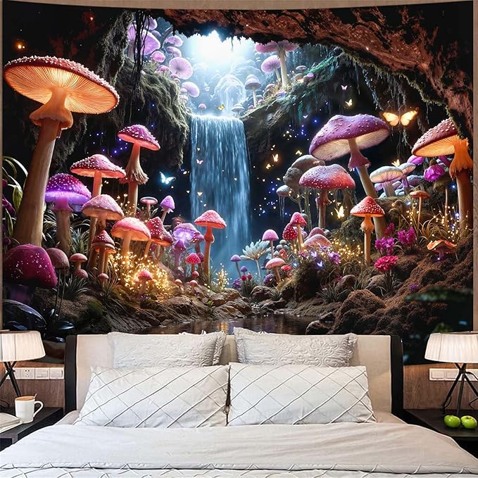 Zussun Fantasy Mushroom Waterfull Tapestry Fairy Butterfly Cave Wall Tapestry for Bedroom Aesthetic Nature Magic Floral Large Tapestries Wall Hanging for Dorm Living Room Decor 80 x 60 Inch