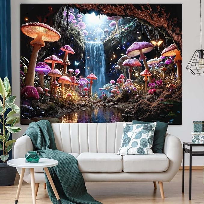 Zussun Fantasy Mushroom Waterfull Tapestry Fairy Butterfly Cave Wall Tapestry for Bedroom Aesthetic Nature Magic Floral Small Tapestries Wall Hanging for Dorm Living Room Decor 48 x 36 Inch