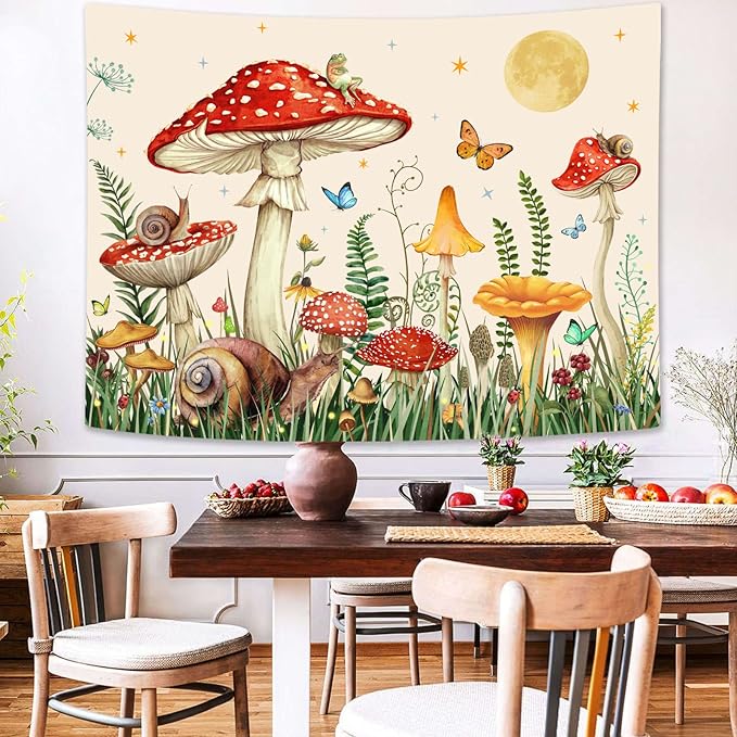 Zussun Red Mushroom Tapestry Moon Star Tapestries for Bedroom Aesthetic Beige Starry Night Green Plant Tapastrys Wall Hanging Butterfly Snail Frog Wall Tapestry for Living Room Dorm (Beige, 48" x 36")