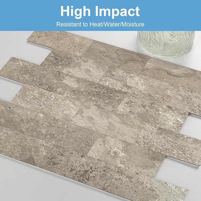 10-Pack Peel and Stick Tile Backsplash 12"X12" PVC Wall Tiles, Stick on Backsplash for Kitchen, Bathroom Tile, Fireplace Décor, Laundry Table, Stair Decals in Brownish Stone