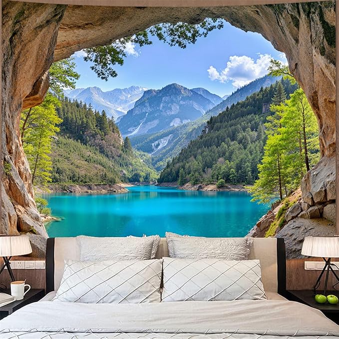 Zussun Nature Forest Mountain Tapestry Cave Pine Tree Tapestry for Bedroom Aesthetic Teal Lake Landscape Small Tapestries Wall Hanging for Dorm Living Room Decor 48 x 36 Inch