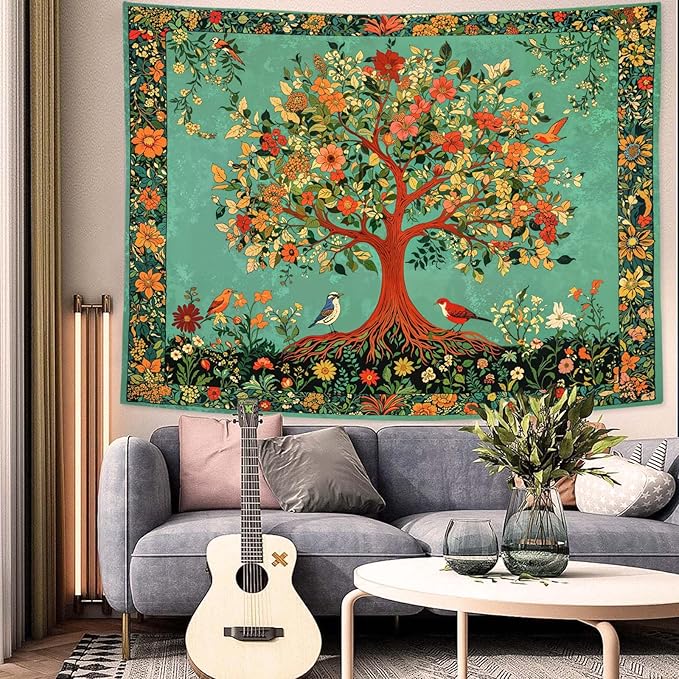 Zussun Boho Tree of Life Tapestry Vintage Nature Green Pink Plant Floral Flowers Leaves Birds Tapestries for Bedroom Aesthetic Retro Indian Tapestry Wall Hanging for Dorm Living Room 60 x 44 Inch