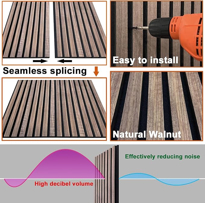 YLL YLL Wood Wall Panels Acoustic Wall Panels for Interior Wall Decoration Two 94.68" x 12.79" Wood Slat Paneling 3D soundproof Wall Panels Natural Walnut