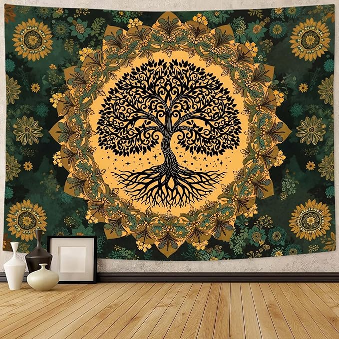 Zussun Tree of Life Tapestry Vintage Boho Mandala Tapestries for Bedroom Aesthetic Retro Bohemian Green Yellow Plant Floral Flowers Leaves Tapestry Wall Hanging for Dorm Living Room 48 x 36 Inch