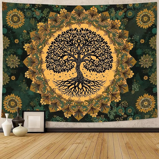 Zussun Tree of Life Tapestry Vintage Boho Mandala Tapestries for Bedroom Aesthetic Retro Bohemian Green Yellow Plant Floral Flowers Leaves Tapestry Wall Hanging for Dorm Living Room 48 x 36 Inch