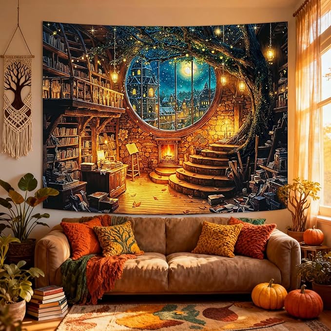 Yeoiat Tapestry Magical Winter Library Tapestries Round Window Wall Hanging Snowy Village Cottagecore Decor Bedroom Dormitory 60"x44"