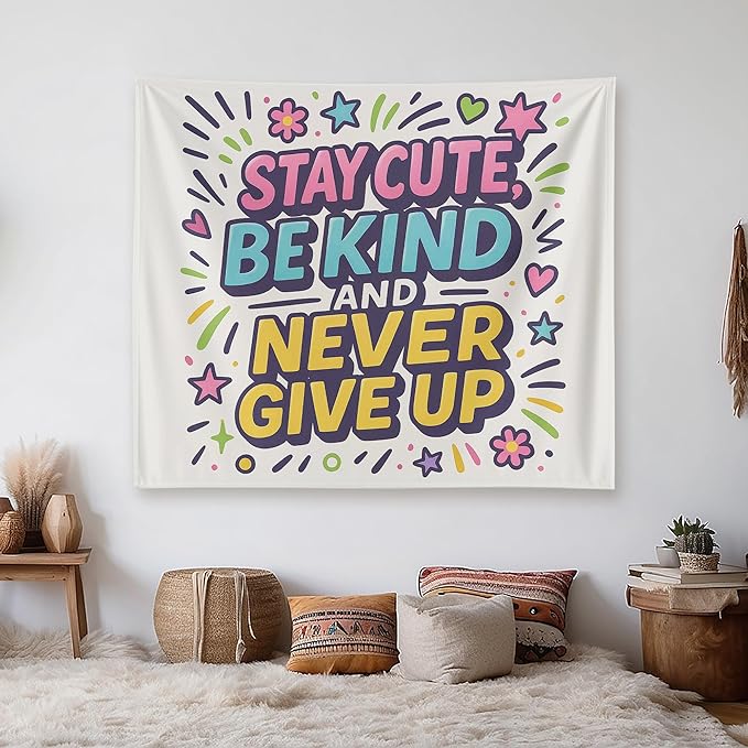 Xolytar Preppy Y2K Tapestry Stay Cute Be Kind - Funky Colorful Doodle Aesthetic, Cute Motivational Quote Wall Art for Teen Girls Bedroom, Indie Kid Dorm Decor (50x60)