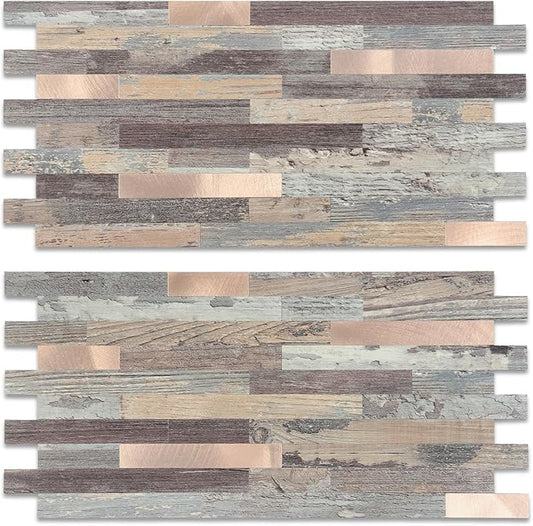 Yipscazo 40 Sheets Peel and Stick Stone Metal Backsplash Tiles, PVC Wall Tiles Stick on Backsplash for Kitchen, Bathroom (6'' X 12'', Rustic Wood)