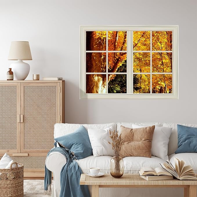 Yellow Tree Leaves in Autumn Window View Mural Wall Sticker - 24"x32"