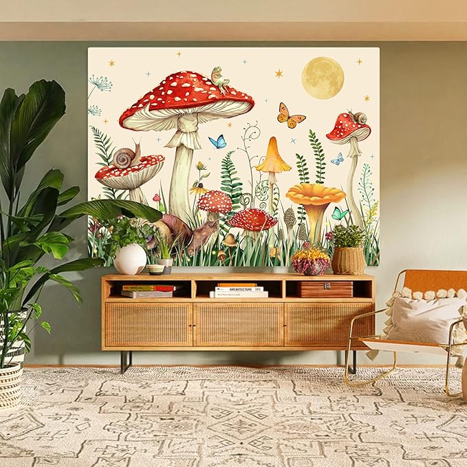 Zussun Red Mushroom Tapestry Moon Star Tapestries for Bedroom Aesthetic Beige Starry Night Green Plant Tapastrys Wall Hanging Butterfly Snail Frog Wall Tapestry for Living Room Dorm (Beige, 80" x 60")
