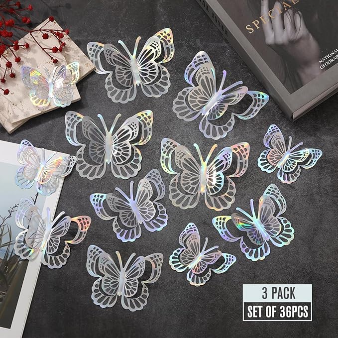 36PCS Butterfly Wall Decals - 3D Butterflies Wall Stickers Removable Mural Decor Wall Stickers Decals Home Decor Room Bedroom Decor Living Room Decor (Sliver)