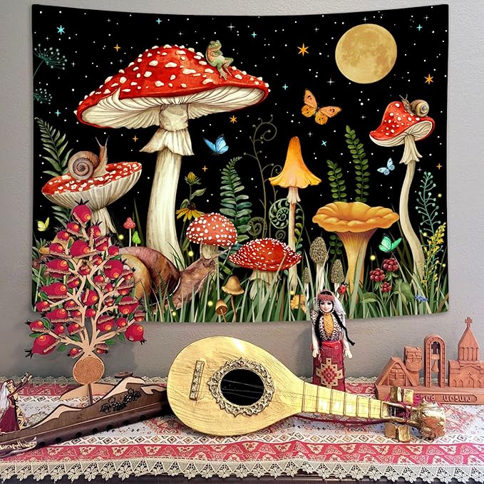 Zussun Red Mushroom Tapestry Moon Star Tapestries for Bedroom Aesthetic Starry Night Green Plant Tapastrys Wall Hanging Butterfly Snail Frog Wall Tapestry for Living Room Dorm (Black, 60" x 44")