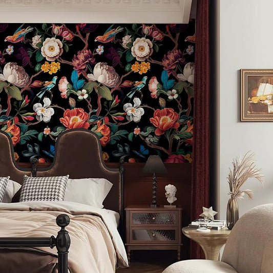 Zeeko Wall Mural Peel and Stick Black Floral Wallpaper Mural Canvas Fabric Vintage Dark Wallpaper for Room TV Background 98" W x 65" H (5 Strips) Large Wall Paintings Home Decor