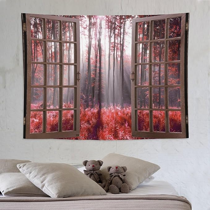 ZhiRain Red Forest Tapestry Wall Hanging Season Foggy Nature And Enchanted Woods Wild Trees Print Tapestries Home Decor for Living Room Bedroom Apartment Farmhouse Dorm 60"x80"