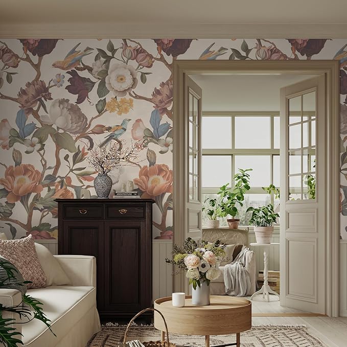 Zeeko Beige Floral Mural Peel and Stick Wallpaper Removable Vintage Wallpaper Large Art Decor for Bedroom Livingroom Home 118'' x 65''